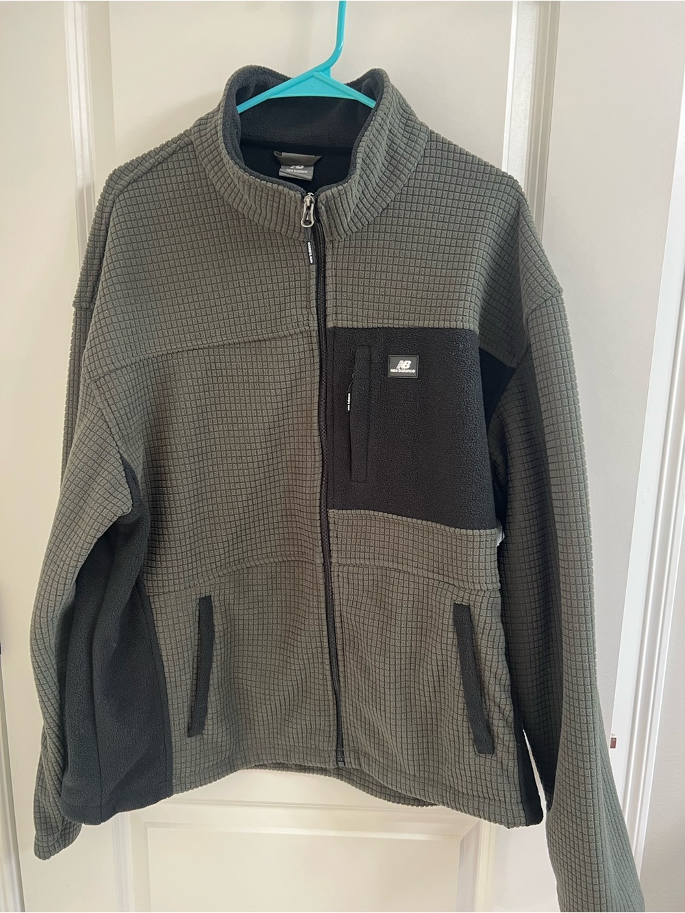 New Balance Mens Full Zip Fleece Jacket Green Waffle Grid Mock Neck Size XL
